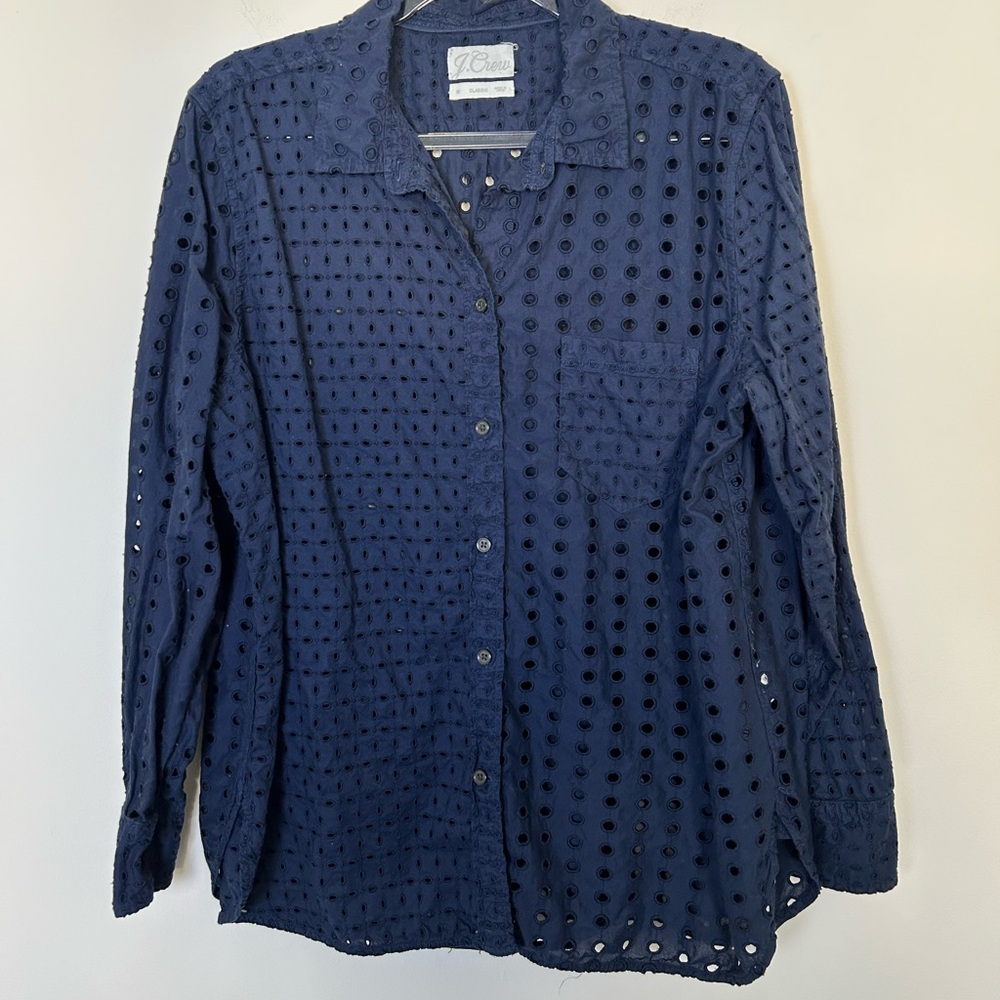 J. Crew Eyelet Lace Button Shirt Navy Blue Size 8 Coastal Coverup J0275-4